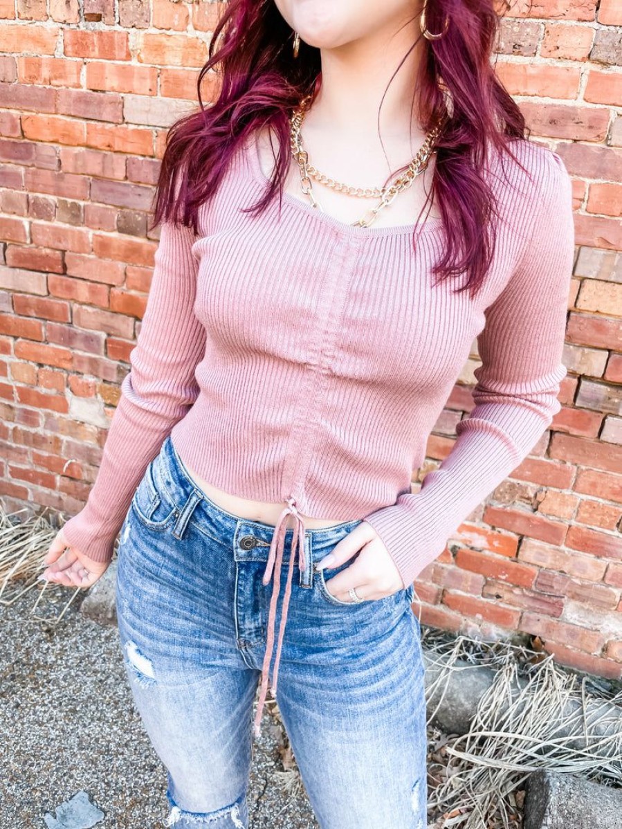 * Love Tree Zoe L/S Tie Front Top- Mauve Tops